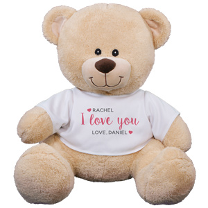 Our adorable and cuddly Personalized I Love You Hearts Teddy Bear is a great gift for all soul mates this Valentine's Day! Let your loved one know they are your one and only with our adorable&#44; romantic stuffed teddy bear&nbsp; - his shirt is personalized with any 2 custom message lines&#44; free!&nbsp;Choose between 3 bear sizes.
