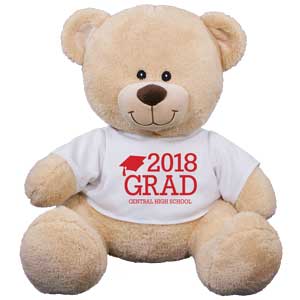 Give your new graduate a unique gift that will honor their graduating class and school! This plush teddy bear allows you to display any year and one line message along with the school color to be displayed on the t-shirt. This grad design is printed on our Sherman Teddy Bear. Sherman has an irresistible look on his face along with a wonderfully soft feel. He features contrasting tan fur on the inside of his ears and his snout. He's available in sizes 11?&#44; 17" &amp; 21" sitting&#44; and makes a wonderful gift for any occasion. Free Gift Wrapping is included to create a thoughtful presentation. Free personalization of any name and year is included.