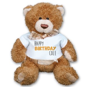 Help make their birthday unforgettable when you surprise them with this one of a kind Happy Birthday Teddy Bear! This birthday design is featured on our Brown Sugar Teddy Bear. Brown Sugar has a rich brown color with contrasting fur inside the ears&#44; on the snout&#44; belly and paws. A classy sheer ribbon finishes off the look. He measures approx. 11" tall and is surface washable. Free personalization of any name is included as well as a free gift message and free gift wrapping to create a thoughtful presentation.
