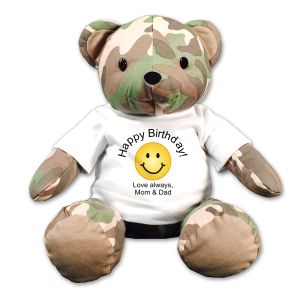 Birthday Camo Bear - Personalized Happy Birthday Camo Teddy BearWish someone special a happy birthday with this handsome Plush Military Birthday Teddy Bear. Sure to make anyone?s birthday a blast with its great look&#44; this Camo Bear becomes a wonderful keepsake that is cherished well after a birthday is over.This birthday design is featured on our ?My Hero Wears Camo? Teddy Bear. Measuring 12? tall and includes free personalization of any design and custom message. Free gift wrapping and a free gift message are included to create a thoughtful presentation.
