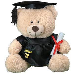 Cheer on your grad and let them know just how proud you are with a personalized graduation plush animal like this. This plush teddy bear creates a truly special gift any new grad will love to receive. This removable graduation cap and gown design is featured on our Sherman Teddy Bear. Sherman has an irresistible look on his face along with a wonderfully soft feel. He features contrasting tan fur on the inside of his ears and his snout. He measures about 11? tall. Free personalization of any name and year is included.